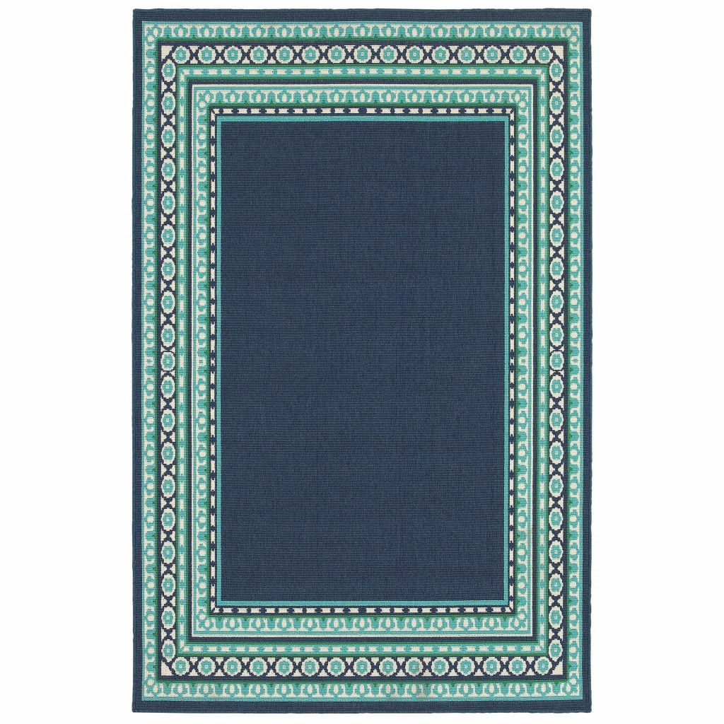 homeroots home decor 388679 9’x13’ Navy and Green Geometric Indoor Outdoor Area Rug