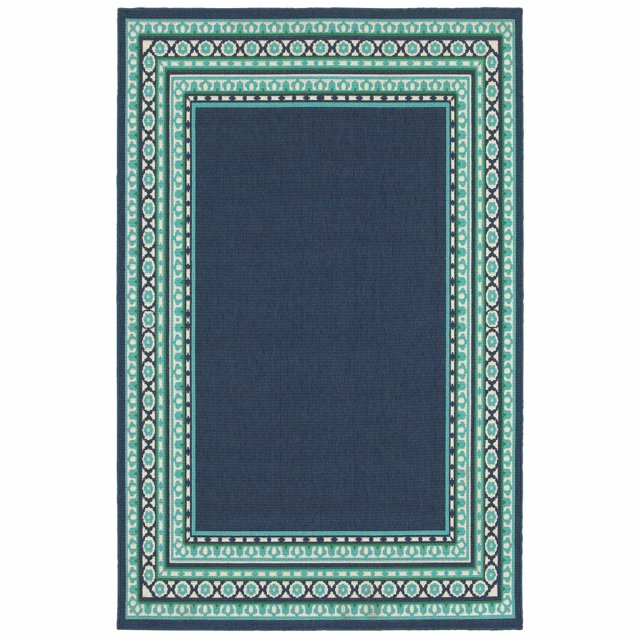 homeroots home decor 388679 9’x13’ Navy and Green Geometric Indoor Outdoor Area Rug