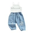 thumbnail image 3 of Toddler Girl Clothing Set Letter Print Camis Tops+Ripped Elastic Waist Jeans 2pcs Summer, 3 of 6