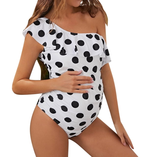 Gyexs Maternity One Piece Swimsuits Polka Dot One-Shoulder Bathing Suits Pool Beach Swimwear Black, Size L