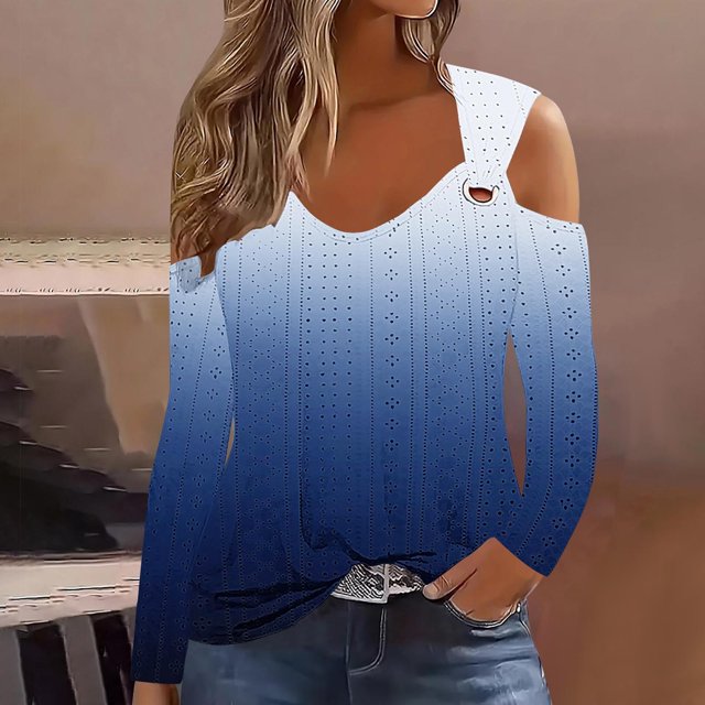 RXIRUCGD Haut à Enfiler Décontracté de Mode pour Femme à Dégradé à Manches Longues avec Épaule Manquante, Bleu Foncé, Taille : S