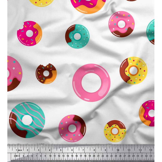 Soimoi White Poly Georgette Fabric Donuts Food Printed Fabric 1 Yard 42 Inch Wide