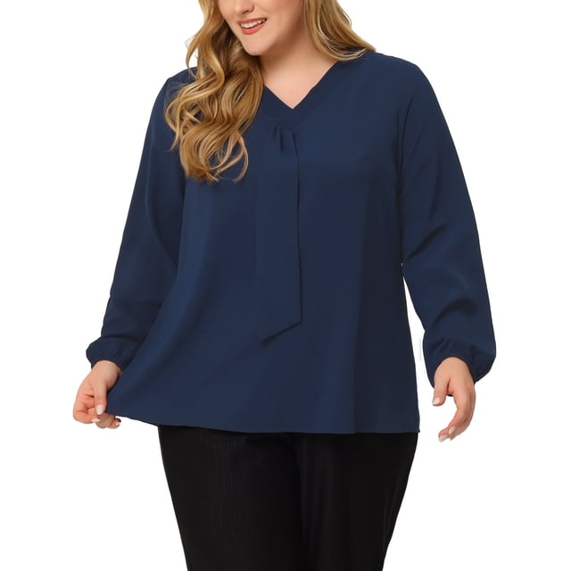 GRACE & GRANDEUR Women's Plus Size Fashion Work Long Sleeves Ribbon Front Chiffon Blouse 1X Dark Blue
