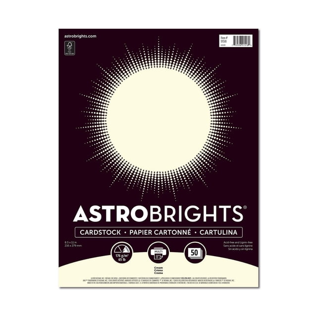 Astrobrights Cream Cardstock package with a cream-colored circle and radiating dots on a dark purple background, 8.5 x 11 inches, 65 lb weight, acid-free and lignin-free cardstock suitable for art supplies and paper crafting, compatible with inkjet and laser printers, includes 50 sheets.