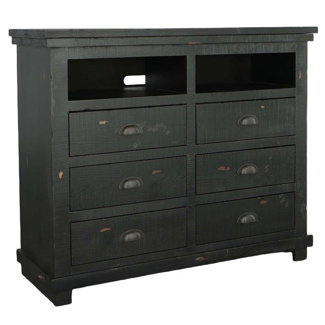 Progressive Furniture Willow 6 Wood Drawer Media Chest in Distressed Black