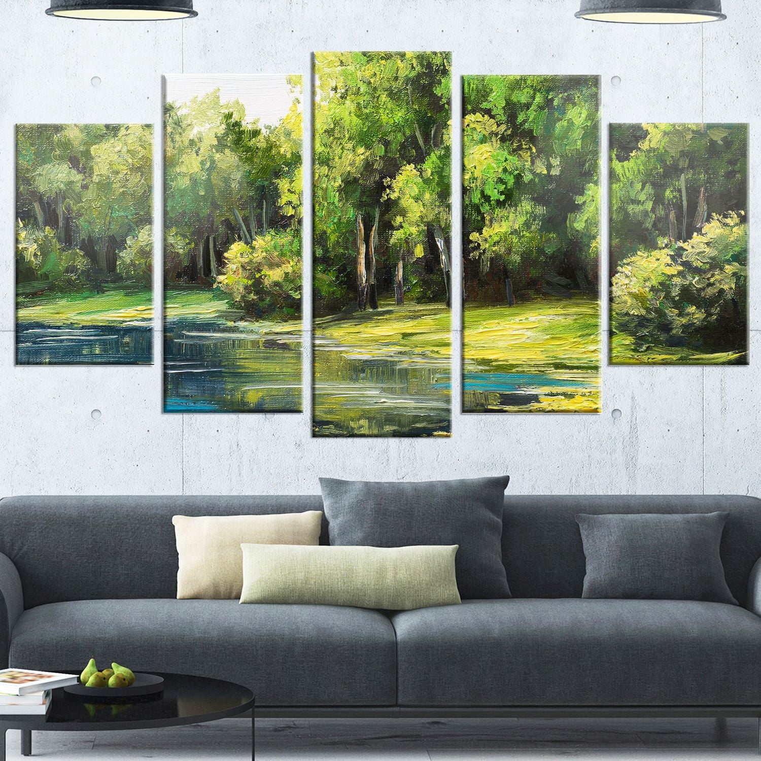 Art mural paysage en métal Design Art Lac d'été dans la forêt à panneaux multiples de taille grande