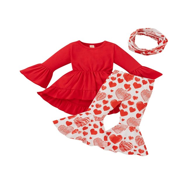 MesaSe Toddler Baby Girls Spring Princess Flare Pants Set O-Neck Ruffles Tops + Bell Bottom Pants Headband