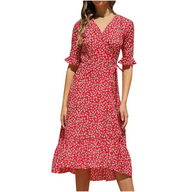Chaussures Habillées pour Femmes Mode Décontractée Col en V Chiffon Floral Boho Plage Manches Courtes Robe Manches Courtes Robe Boho Plage Robe Courte Boho Sandales Mode pour Femmes