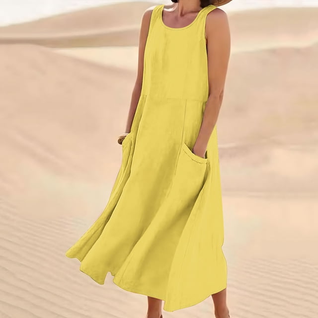 Meichang Robes Sans Manches en Lin pour Femmes Été Coupe Ample Col Rond Décontractées Robes d'Été Évasées Plage Vacances avec Poches