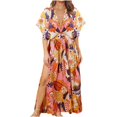 thumbnail image 1 of Robe Soleil Femme Été Imprimée Ample Décontractée à Manches Courtes Taille Haute Col en V et Robe Longueur Cheville Robes de Cocktail pour Invitée de Mariage en Liquidation, 1 of 5