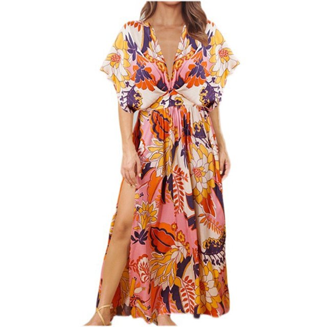 Robe Soleil Femme Été Imprimée Ample Décontractée à Manches Courtes Taille Haute Col en V et Robe Longueur Cheville Robes de Cocktail pour Invitée de Mariage en Liquidation
