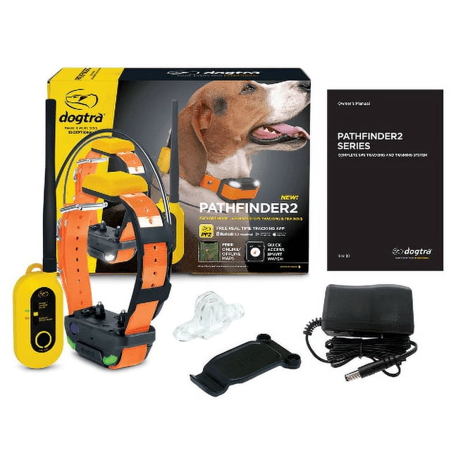 Dogtra Pathfinder2 (Canadian Warranty) GPS dog tracking and training system with an orange and black collar featuring LED Locate Light and Pager Vibration, a yellow GPS connector with E-Collar function button, and accessories like a charger and user manual. Ideal for dog training and obedience, it supports real-time tracking via a free app and works with up to 21 dogs. The packaging emphasizes its advanced features and compatibility with offline maps.