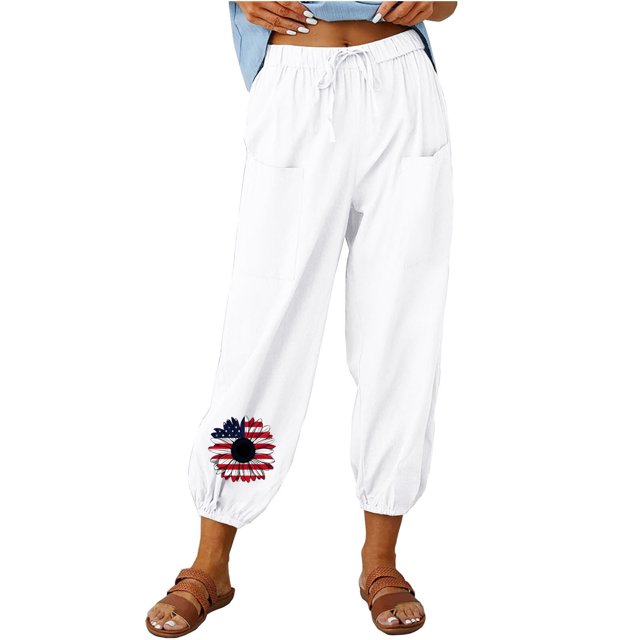 VEKDONE Pantalon Long en Lin pour Femmes Blanc G