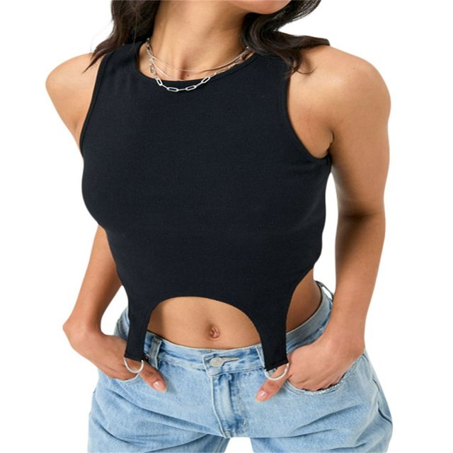 Summer Ribbed Tank Tops Casual Women Sleeveless Irregular Hem Vest Solid Color Slim Fit Crop Tops Female Base Tops Brown S