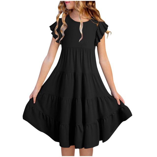 Penkiiy Robe Unie d'Été pour Filles, Nouvelle, Manches Courtes, Volants, Poches, Col Rond, 12-13 Ans, Noir