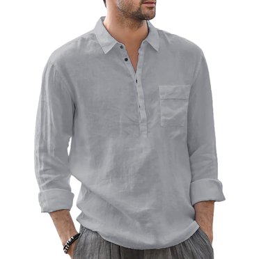 RKSTN T-Shirts à Manches Longues pour Hommes 100 % Coton Décontracté Couleur Unie Hauts à Col en V Col Rabattu Chandail Blouse Hauts avec Poches