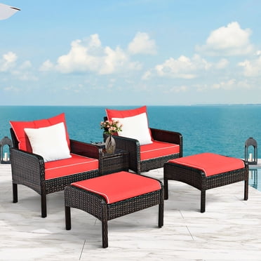 Costway Ensemble de Mobilier de Patio en Rotin 5 Pcs Canapé Ottoman Table Coussiné Cour Rouge