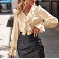 thumbnail image 2 of Annhoo Going out Tops for Women Long Sleeve Button down V Neck Blouses Fashion Ruffle Trim Fall T-Shirts, 2 of 7