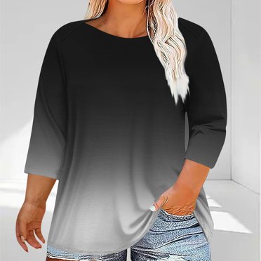 Meichang Women's Plus Size Tops Summer Gradient Print Loose Fit 3/4 Sleeve T Shirts Casual Crew Neck Tunic Top, Womens Tops Under 10 Dollar