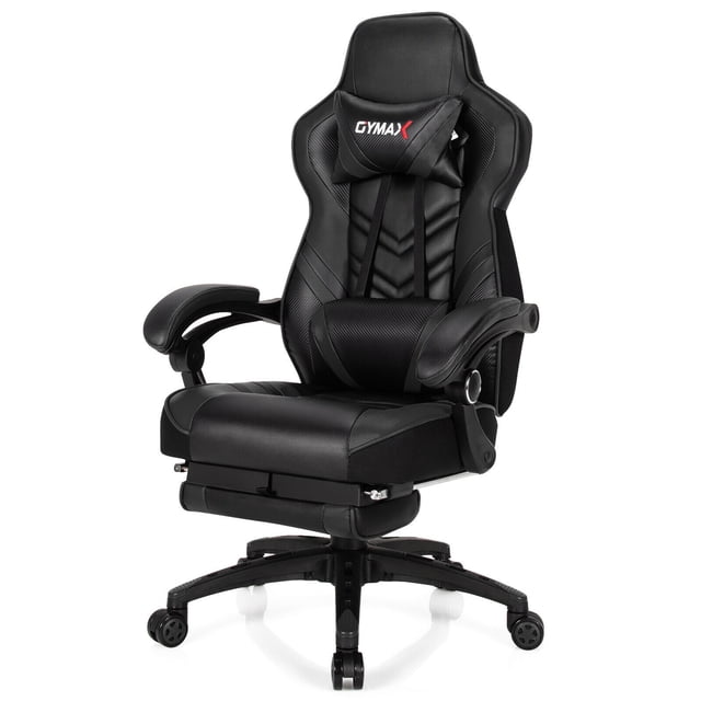 Gymax Office Computer Desk Chair Gaming Chair Adjustable Swivel w/Footrest Black. Ergonomic gaming furniture with high-back design, lumbar support, headrest, and retractable footrest. Adjustable seat height (17''-20''), reclining backrest (90°-155°), and smooth rolling casters. Made of durable PVC, PU, and sponge materials with a weight capacity of 330 lbs. Ideal for gaming, working, or relaxing.