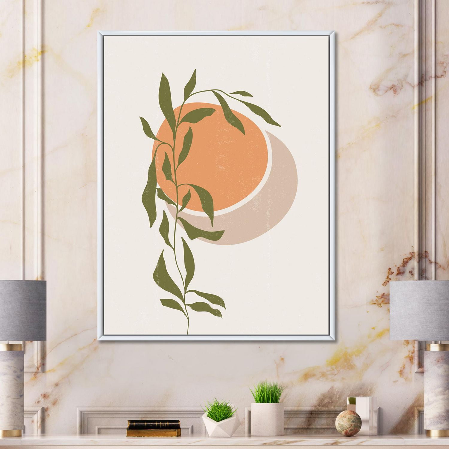 Designart Soleil et lune orange abstraits avec des feuilles tropicales ART MURAL À CADRE FLOTT