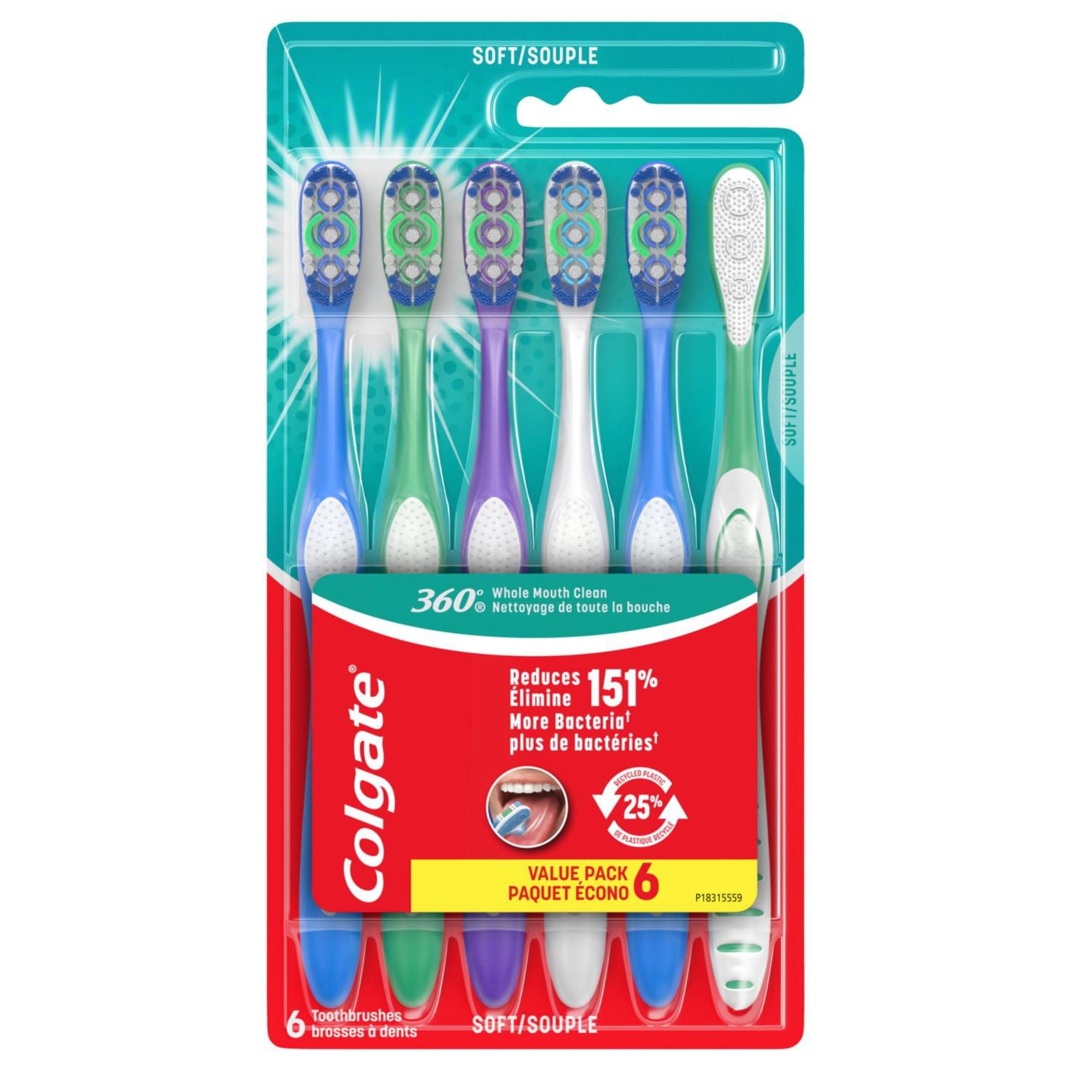 Brosse à dents moyenne Colgate 360 - 6pk
