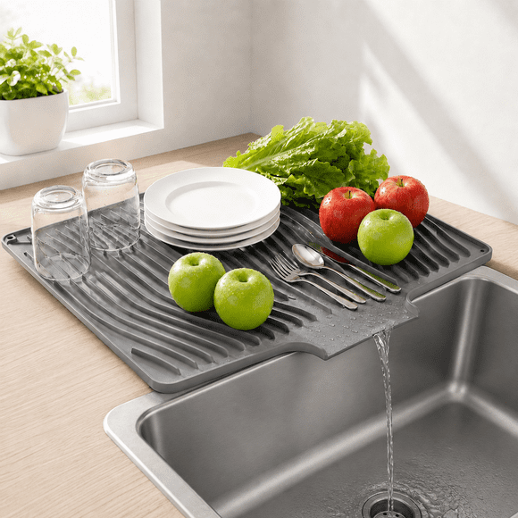 Goldeer Tapis d'Égouttage en Silicone pour Comptoir de Cuisine, Tapis d'Égouttage, Tapis d'Égouttement Antidérapant avec Drain Intégré, Résistant à la Chaleur 14x19 Pouces Gris