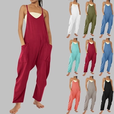 QATAINLAV Combinaisons pour Femmes Décontractées d'Été Barboteuses Sans Manches Amples à Bretelles Spaghetti Salopettes Amples Combinaisons avec Poches 2025 Bleu TTG Liquidation d'Hiver Prime