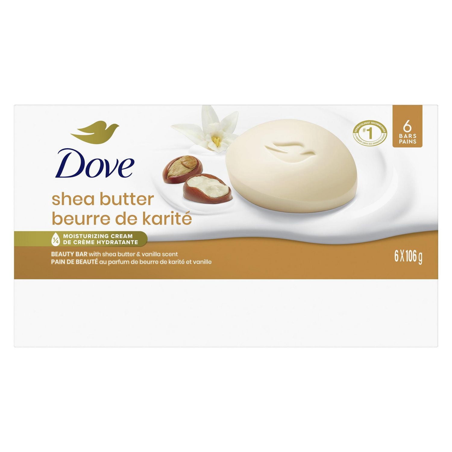Dove Beauty Bar 1/4 Moisturizing Cream Shea Butter, 106 g (6 bars)