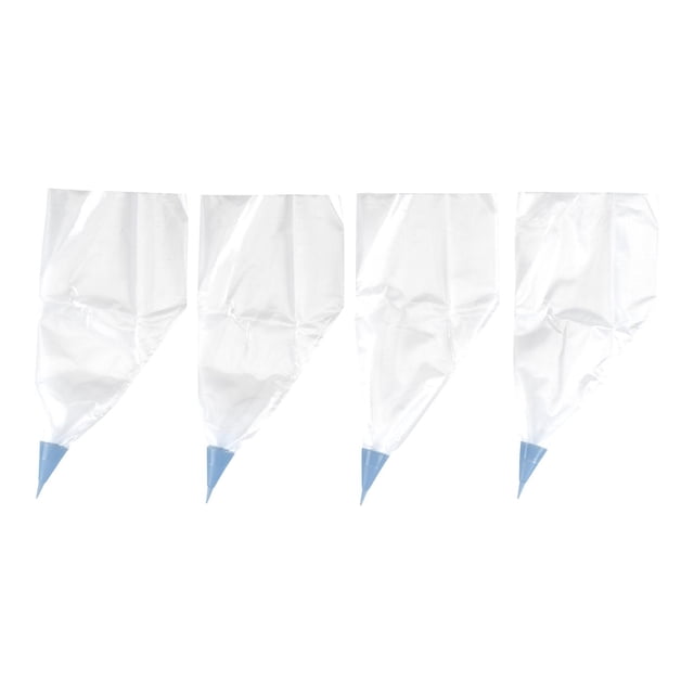 GoodCook Everyday Oodle Tips 4 Count disposable 12-inch decorating bags with pre-attached blue round tips, shown in a row on white background, designed for easy cake, cupcake, and cookie decorating with customizable tip size and no cleanup mess.