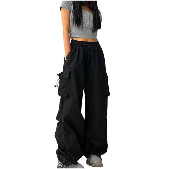 Timegard Cargo Pants for Women Elastic High Waisted Drawstring Baggy Streetwear Trousers with Pockets