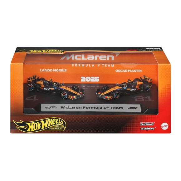 Hot Wheels Premium Formula 1 2-Pack of 1:64 Scale Cars, McLaren Formula 1 Team of Piastri & Norris