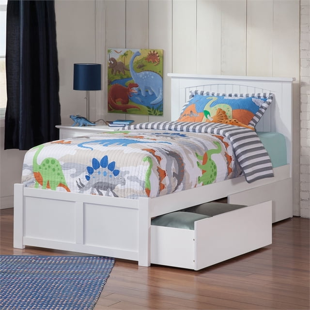 Nantucket Lit Plateforme Simple en Bois avec Pied de Lit et Tiroirs de Rangement, Blanc