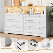 AKDSteel 6 Drawer Dresser with RGB LED Lights & Power Outlet, Farmhouse Chest of Drawers with 2 Open Shelves, Wood Dresser TV Stand for Bedroom, Living Room, Closet, Hallway