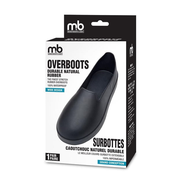 Moneysworth & Best Rubber Overboots in black durable natural rubber with wide design, 100% waterproof and stretch fit, shown in retail packaging; designed for shoe protection against rain, mud, and snow with slip-resistant soles.