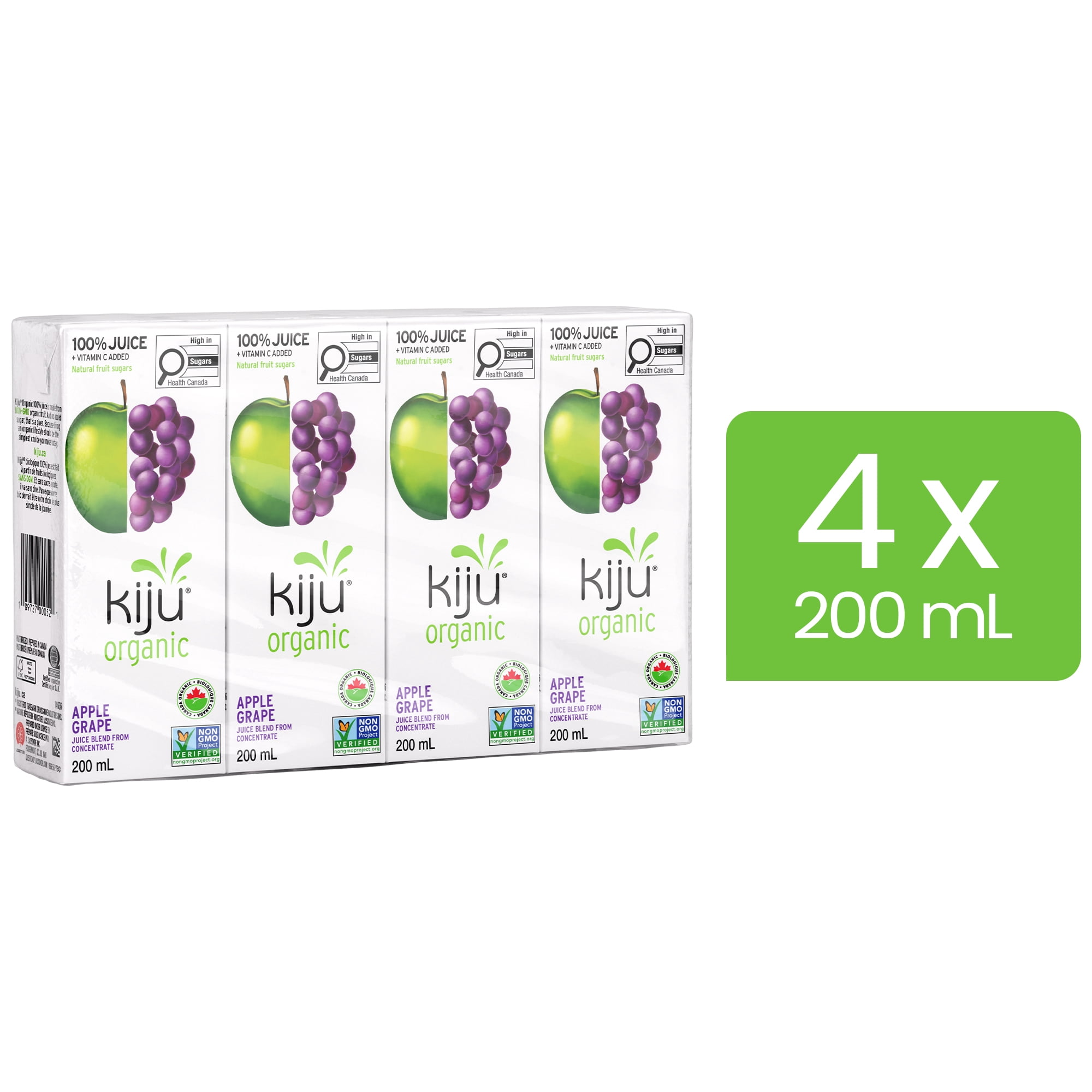 Kiju Boîtes de Jus de Fruits Biologiques Pomme Raisin 4X200ML