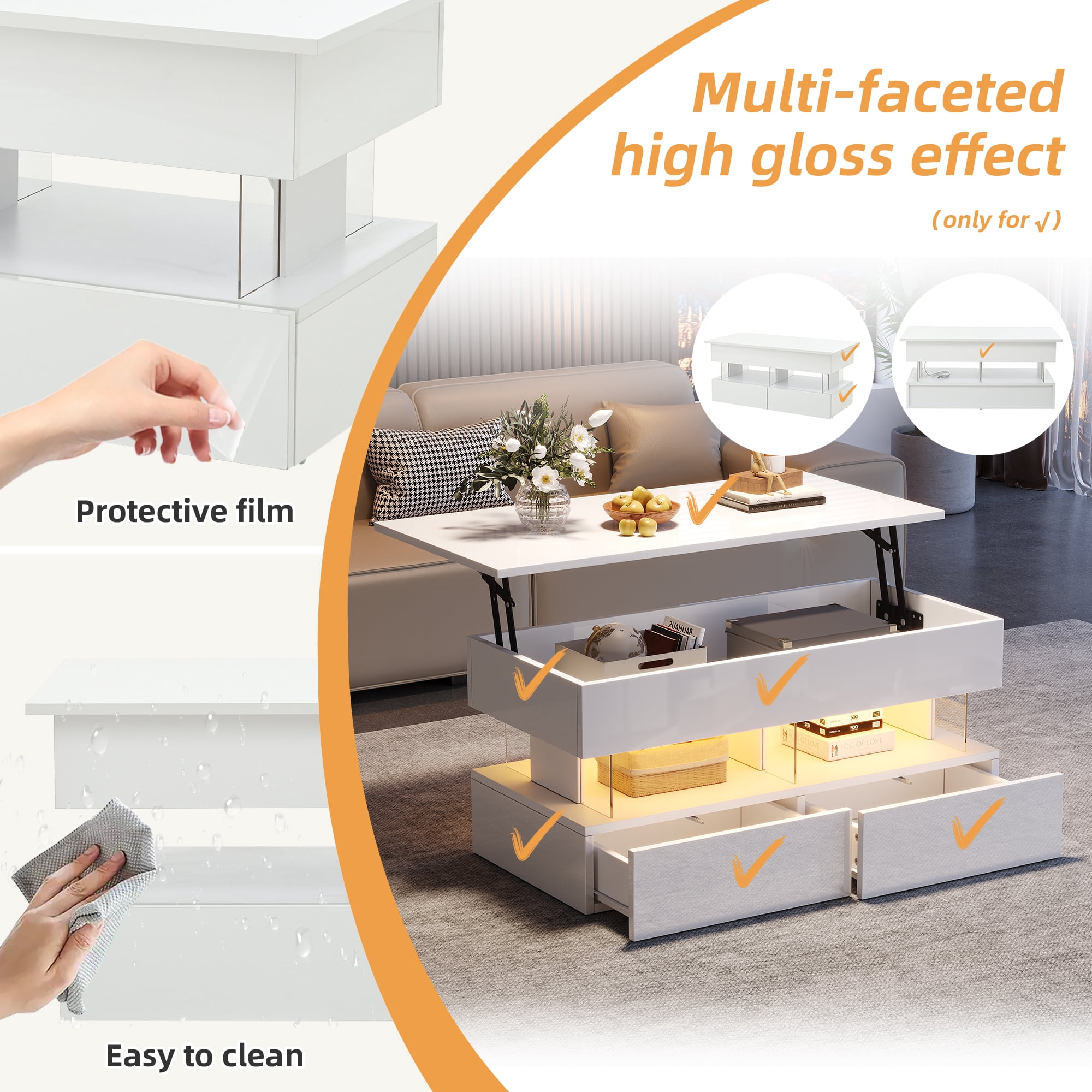 Homy Casa Table Basse Relevable avec 2 Tabourets, Rangement Blanc Brillant DEL