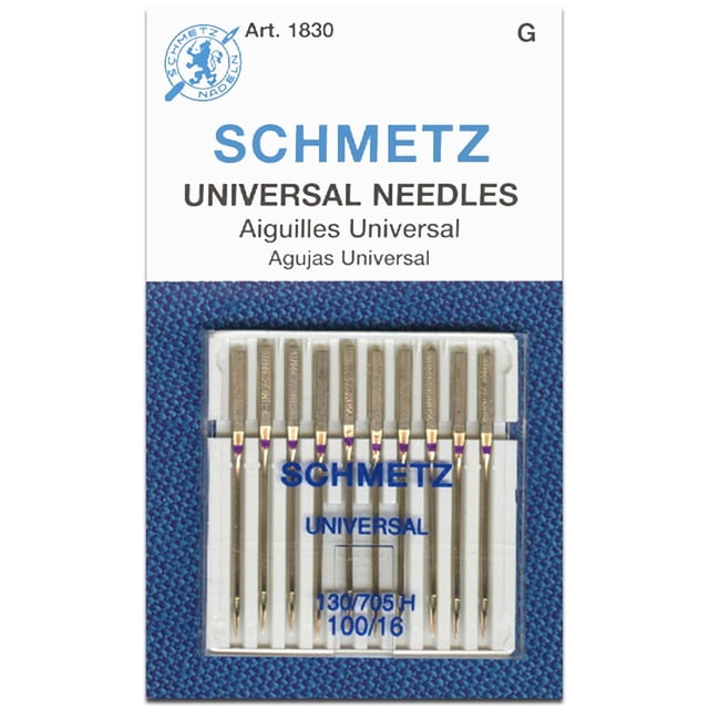 SCHMETZ Universal Sewing Machine Needles size 100/16 in a clear plastic case with ten needles for system 130/705 H machines, featuring a slightly rounded point for versatile sewing of wovens and knits, ideal for heavier fabrics like canvas and upholstery blends.