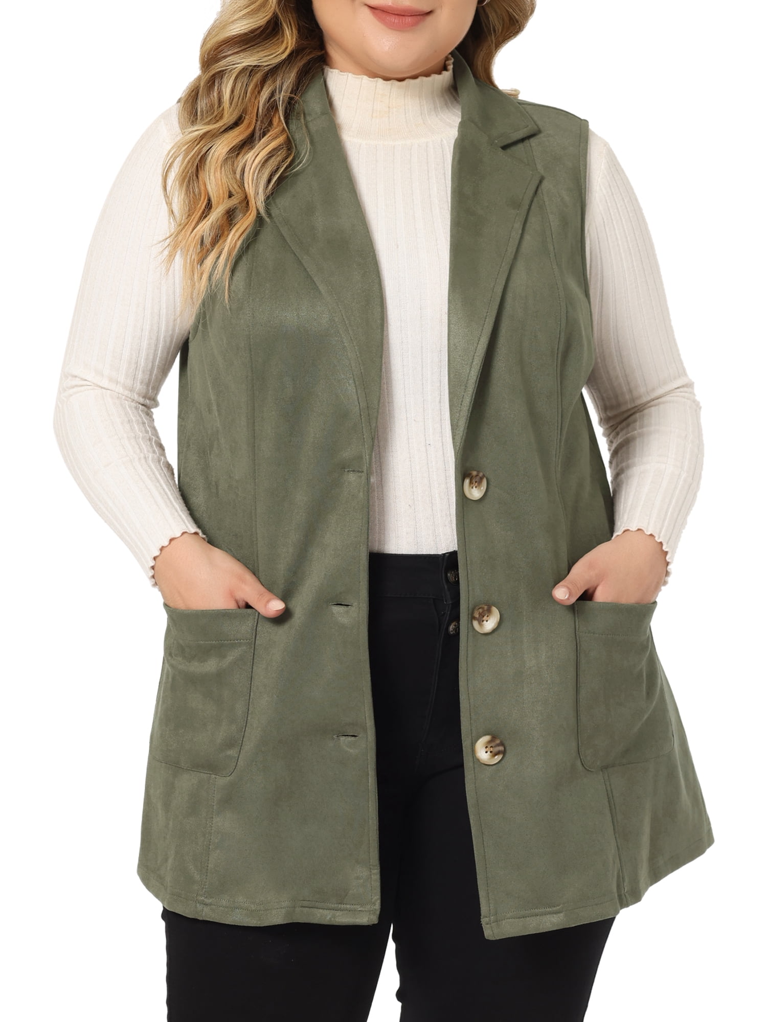 Agnes Orinda Veste Sans Manches pour Femme Grande Taille, Revers Cranté, Décontractée Utilitaire, Veste en Suède 3X Vert