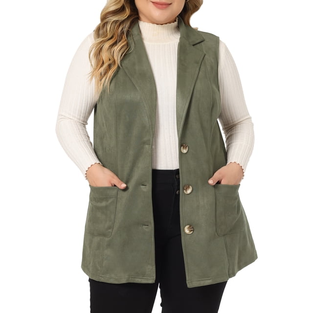 Agnes Orinda Veste Sans Manches pour Femme Grande Taille, Revers Cranté, Décontractée Utilitaire, Veste en Suède 3X Vert