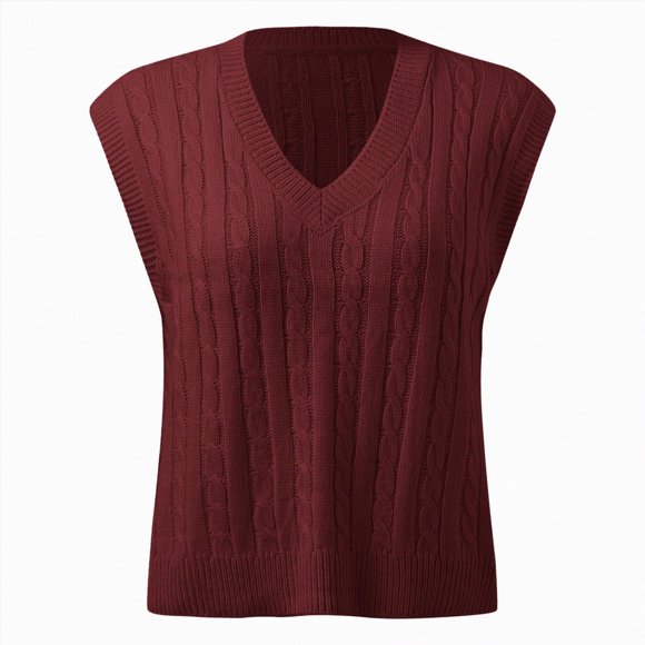 Splozh Cable Knit Sweaters for Women Casual Print Sleeveless V Neck Ribbed Knit Split Pullover Sweater Vest Blouse Red,XL