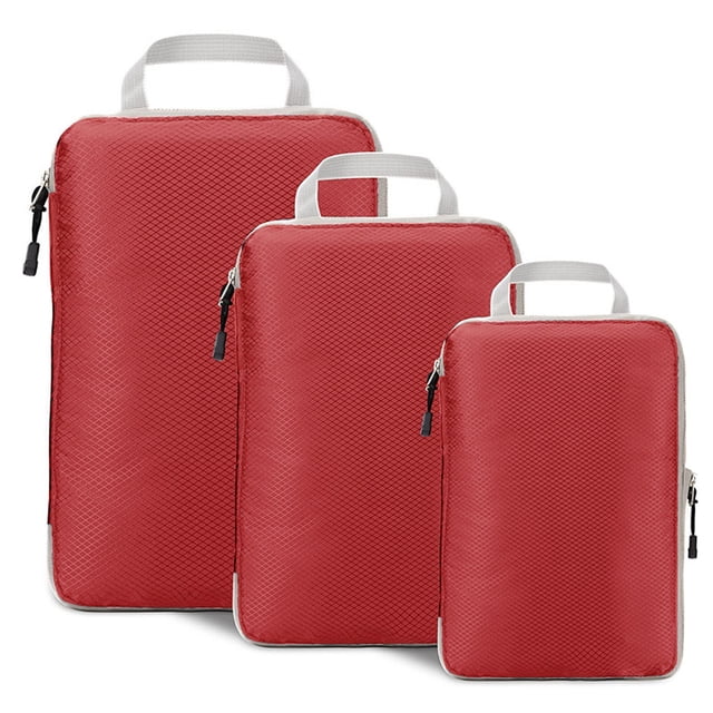 Compression packing cubes for suitcases, travel essential set of 3 expandable travel bags organizer for luggage. The image features three red packing cubes in small, medium, and large sizes, showcasing a textured fabric surface, smooth double zippers, and reinforced white handles. Designed with a compression design to save up to 60% space, these lightweight fabric cubes are ideal for organizing clothes and maximizing suitcase space during travel.