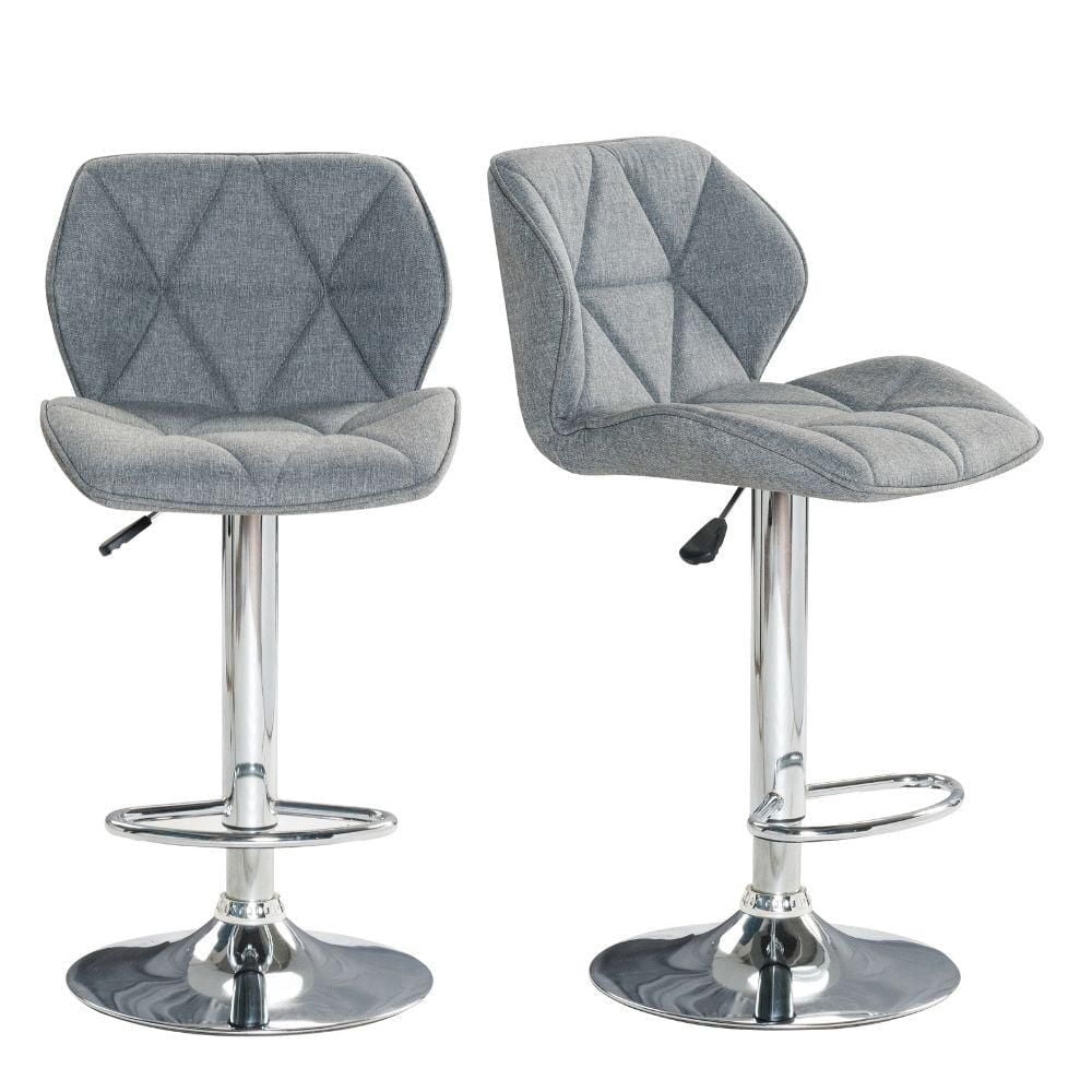 Tabouret moderne capitonné Karo en Gris avec base en métal brillant et repose-pieds pour cuisine, Tabouret d'île, Hauteur réglable<br> Ensemble 2