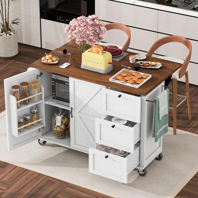 Farmhouse Kitchen Island with Power Outlet, Drop Leaf, Spice Rack and Drawer,Rolling Kitchen Cart on Wheels,Kitchen Storage Island for Home Dining Room (White)