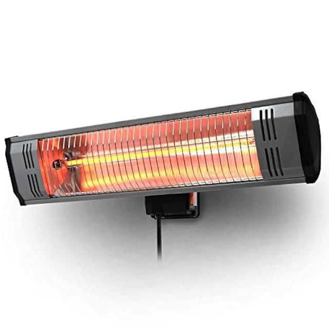 Heat Storm Tradesman 1,500-Watt Outdoor Infrared Portable Space Heater wall mounted with glowing orange carbon fiber heating element behind a protective metal grille, anodized aluminum alloy frame, 6 ft power cord, and IP35 rain and dust protection, providing radiant heat for patios, balconies, or garages.