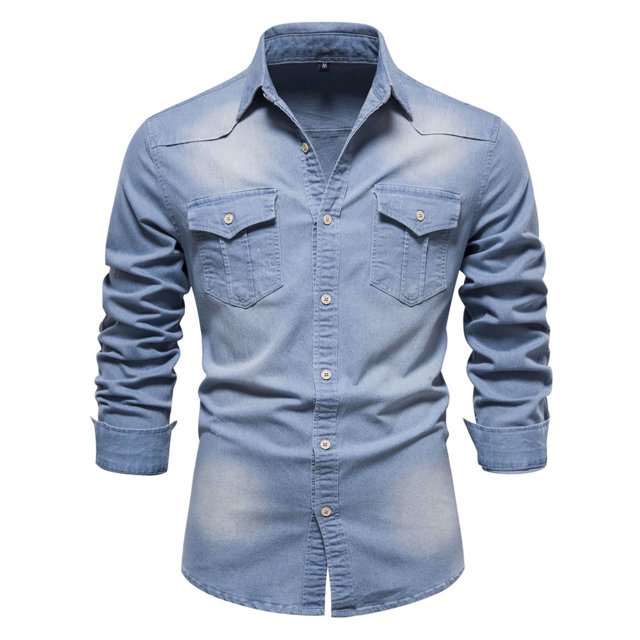 Men's Classic Denim Long Sleeve Shirt Solid Color Casual Button Down Work Shirt with Chest Pocket