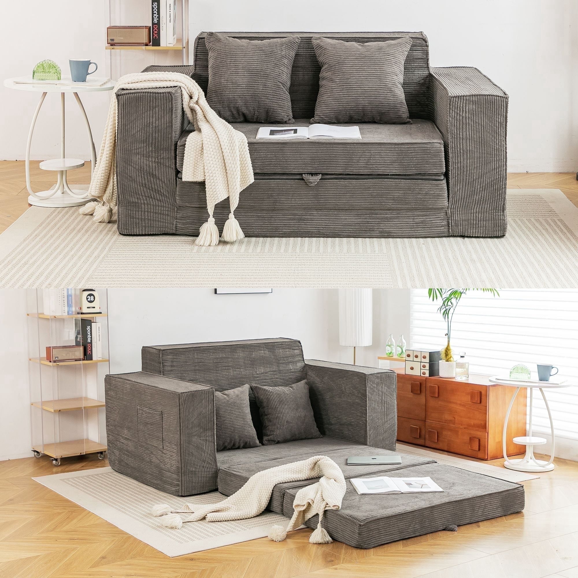 Vicluke Memory Foam Loveseat Sofa Couch, Convertible Sleeper Sofa Bed w/Corduroy Fabric, Side Pockets, Foldable Upholstered Compressed Sofa Bed for Living Room, Apartment No Assembly Required (Grey)