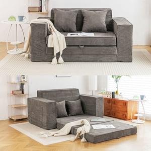 Vicluke Memory Foam Loveseat Sofa Couch, Convertible Sleeper Sofa Bed w/Corduroy Fabric, Side Pockets, Foldable Upholstered Compressed Sofa Bed for Living Room, Apartment No Assembly Required (Grey)