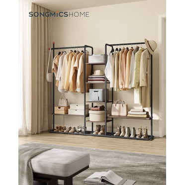 SONGMICS Portant à Vêtements pour la Maison, Garde-Robe Ouverte, Placard Autoportant, Portant à Vêtements Robuste, 6 Tablettes de Rangement, 2 Tringles, Crochets en Forme d'Allumette, Noyer Naturel et Noir Encre