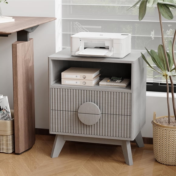 Modern Fluted Bedside Table Set of 2 with USB Charging Station – 2 Drawers & Open Storage Shelf – Wood Bedside End Table for Bedroom/Living Room – Oak Color US Standard – 2pcs Oak Color US Standard